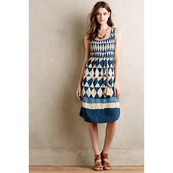 Maeve Dresses & Skirts - Anthropologie Maeve Castalia Blue Geometric Smocked Midi Dress Size 12